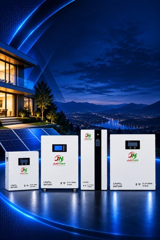 JUN-HAN wall and floor lithium batteries lined up at night in front of a modern home
