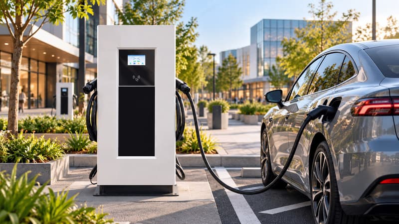 JUN-HAN DC fast charger charging an electric car outside a modern building