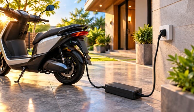 Electric scooty charging from a wall socket with its lithium charger