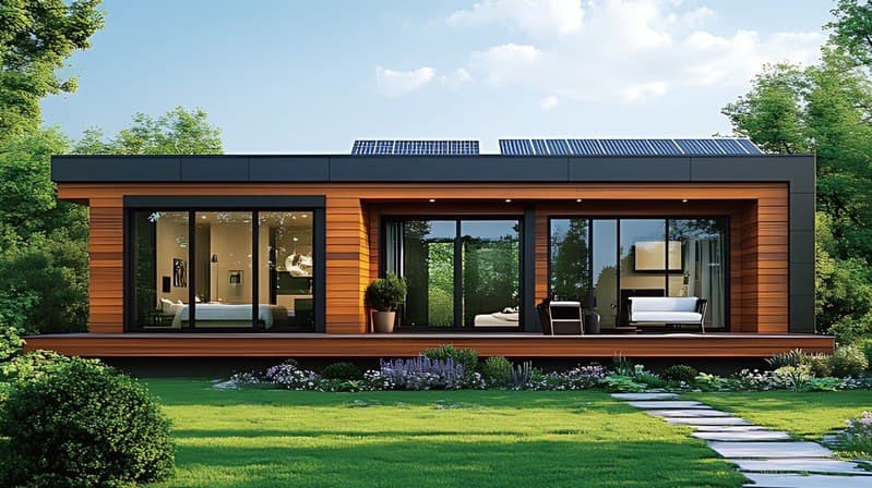 Modern timber house with solar panels on its roof