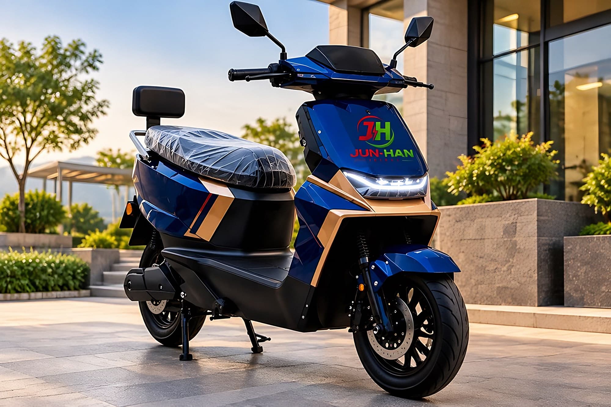 GT 1 electric scooty parked outside a modern building