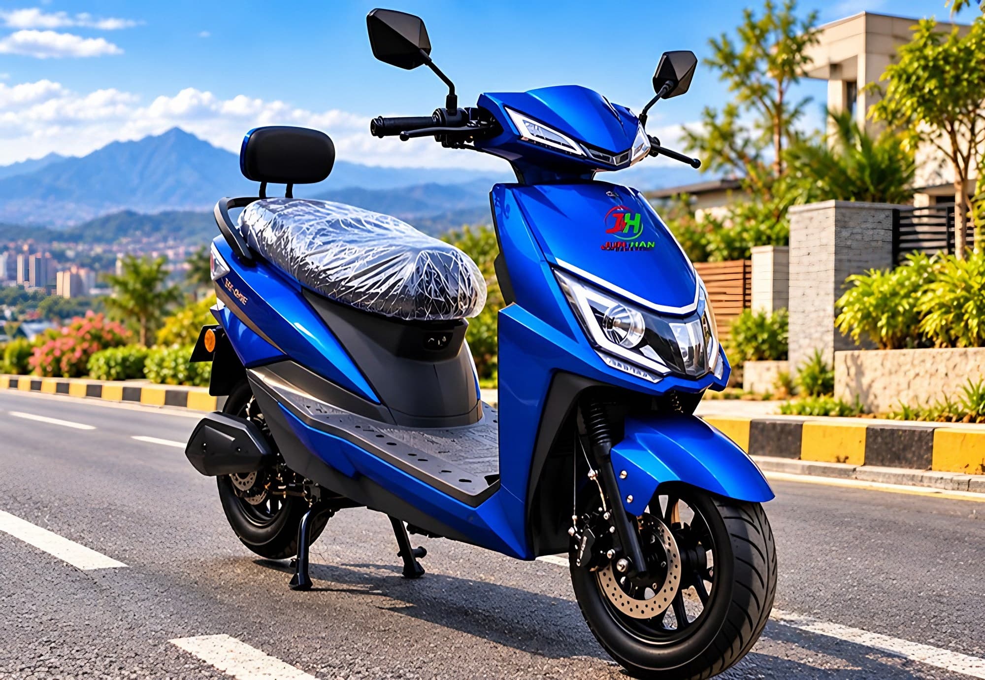 OX-One electric scooty in blue, parked on a city road with mountains behind