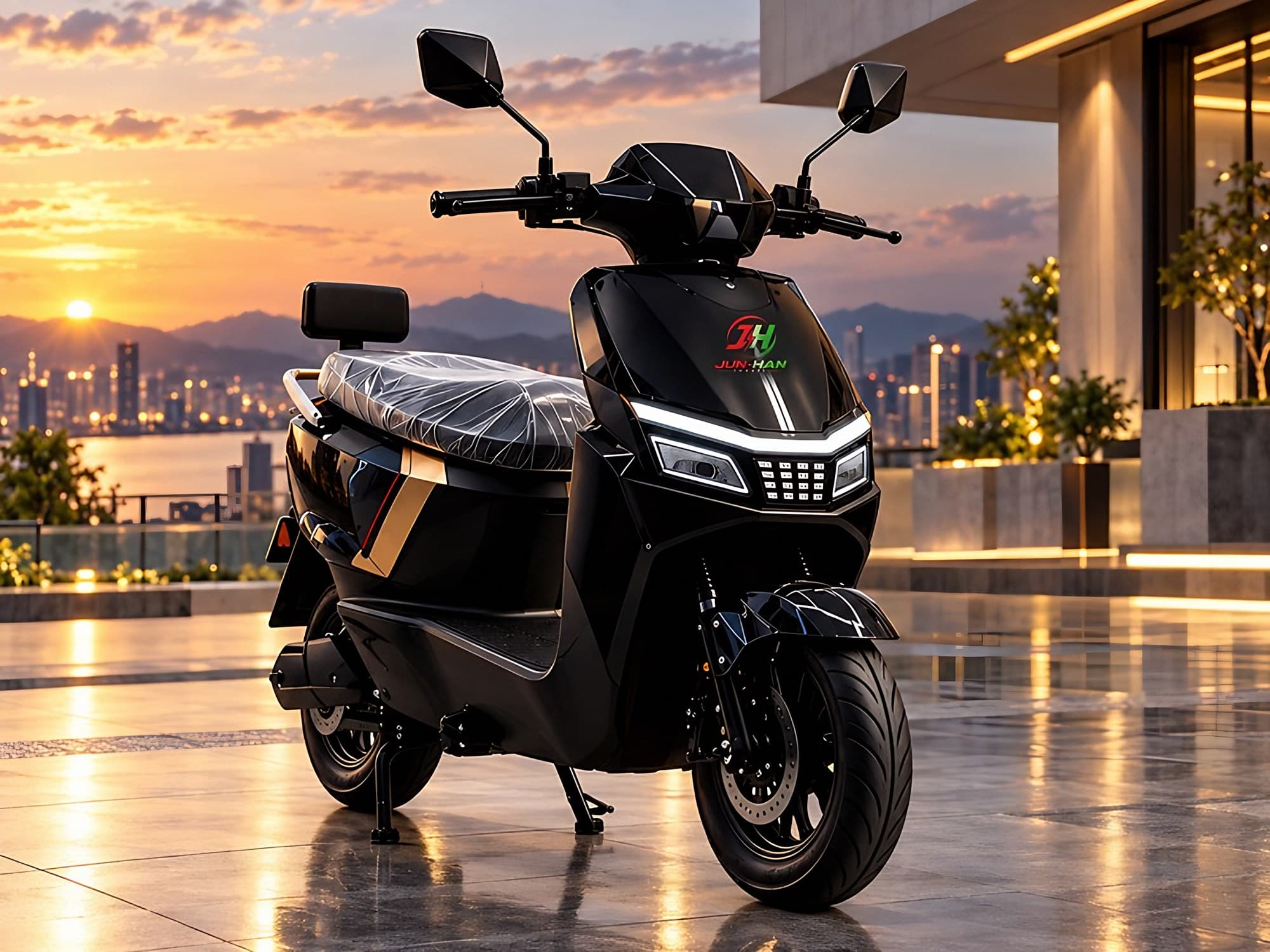 Prime electric scooty in black with LED headlight strip, on a terrace at sunset