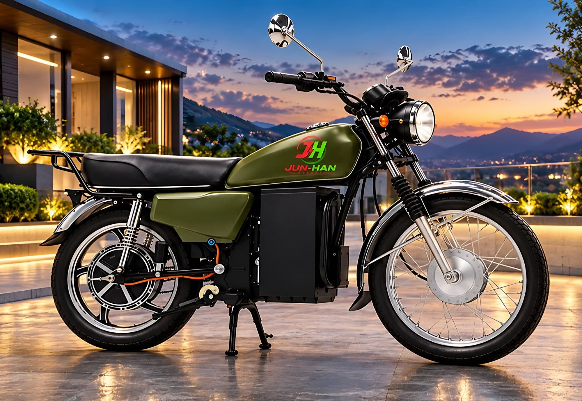 Signature electric motorcycle in olive green, parked on a terrace at sunset