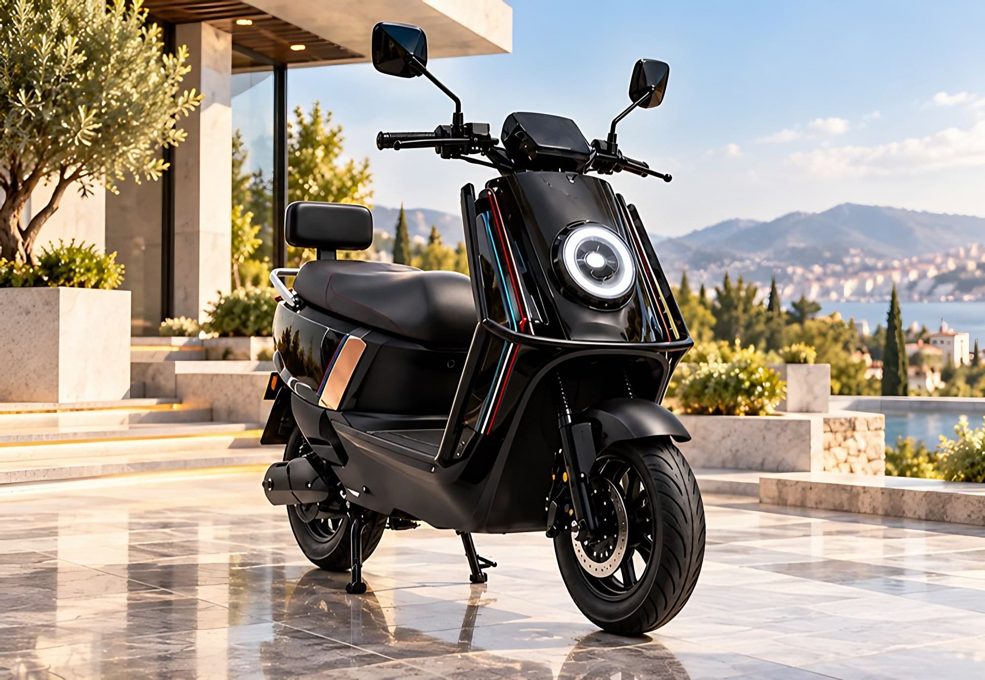 Sonic electric scooty in black with a round LED headlight, beside a hillside terrace