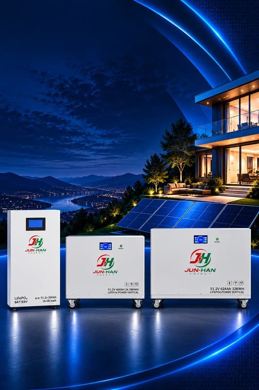 JUN-HAN wall and floor lithium batteries beside a hillside home at night