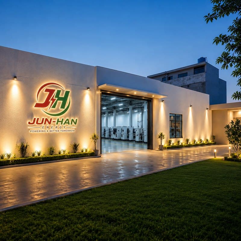 JUN-HAN Energy facility at dusk with the company sign lit on the building