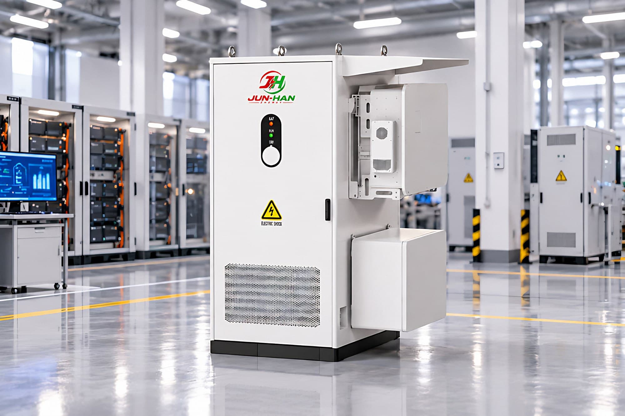 261 kWh liquid-cooled ESS cabinet with side-mounted inverter in a factory hall