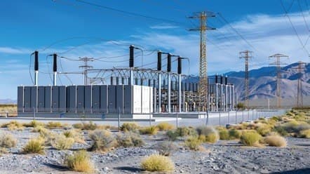Electrical substation and power lines in an open landscape