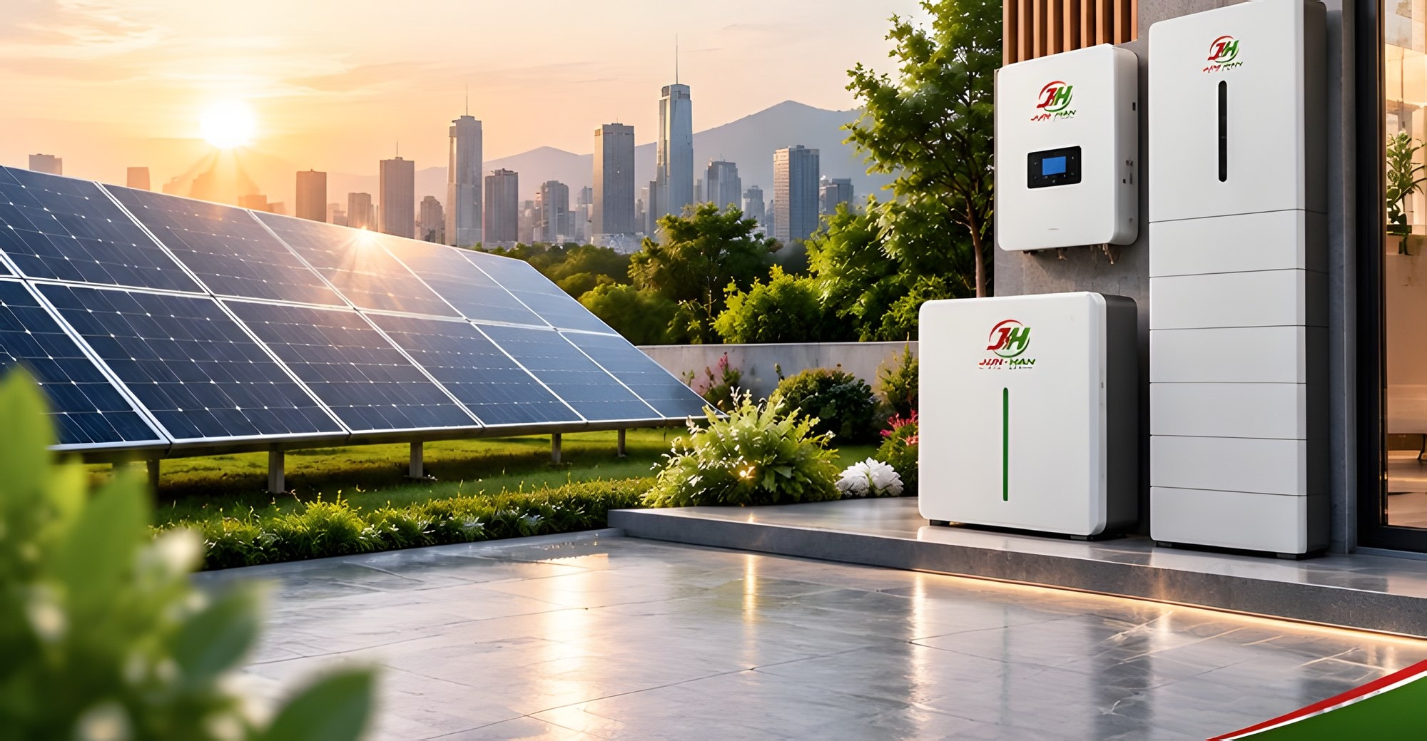 Home terrace with solar panels and JUN-HAN wall batteries at sunset