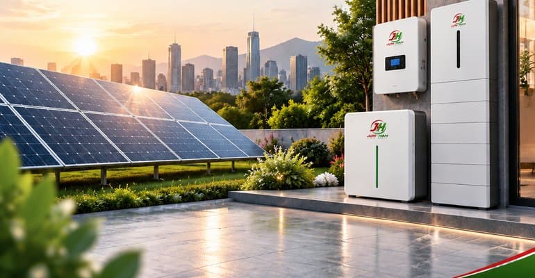Home terrace with solar panels and JUN-HAN wall batteries at sunset